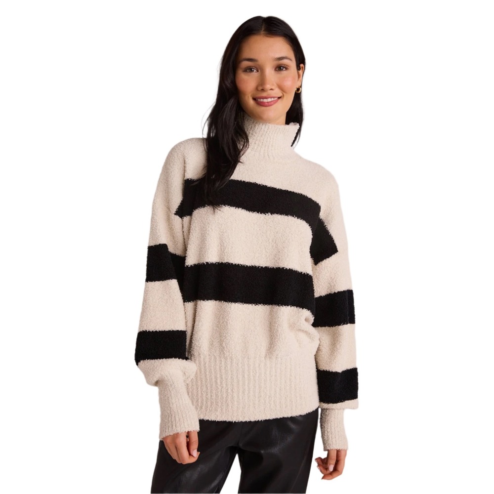 Bella‎ Dahl Striped Turtleneck Fuzzy Knit Sweater Cream Black Size XS